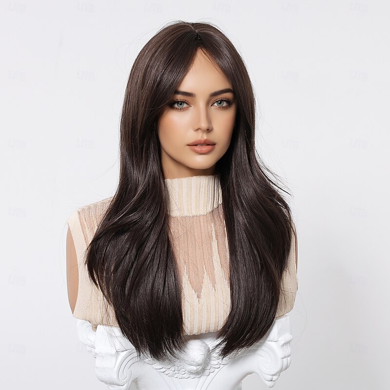 Synthetic Wig Uniforms Career Costumes Princess Straight kinky Straight Middle Part Layered Haircut Machine Made Wig 22 inch sepia Synthetic Hair Women's Cosplay Party Fashion Dark Brown4