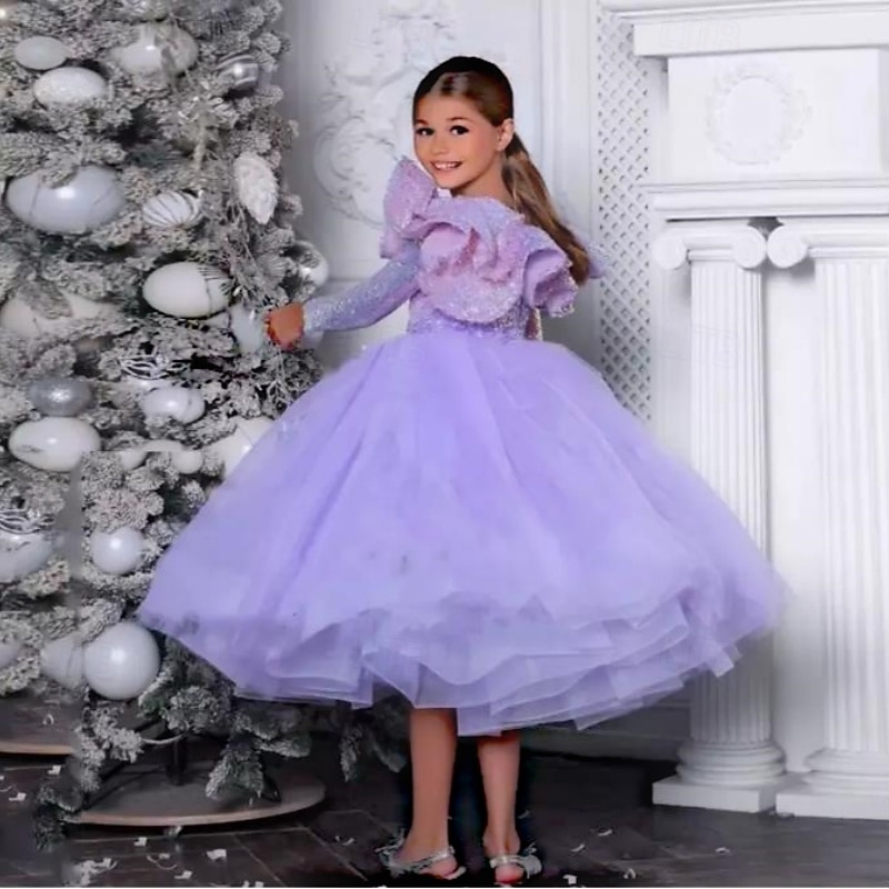 Kids Girls' Party Dress Solid Color Sleeveless Long Sleeve Performance Mesh Princess Sweet Mesh Mid-Calf Sheath Dress Tulle Dress Summer Spring Fall kids Purple3