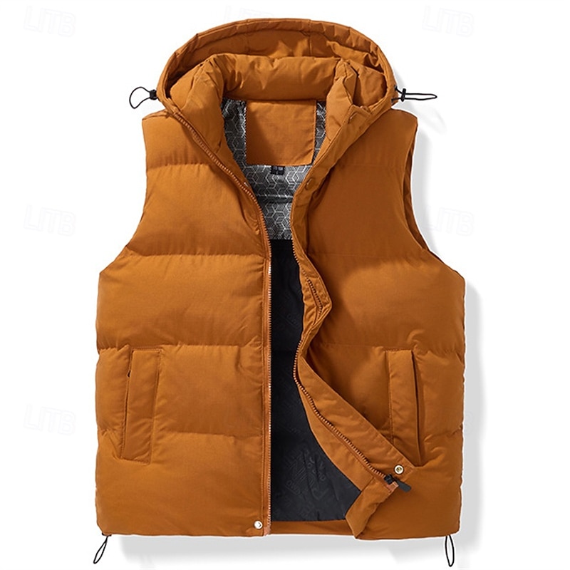 Men's Puffer Vest Hoodie Vest Gilet Quilted Vest Daily Date Vacation Fashion Casual Fall & Winter Pocket Polyester Warm Comfortable Solid Color Zipper Hooded Regular Fit Black Brown Army Green Beige