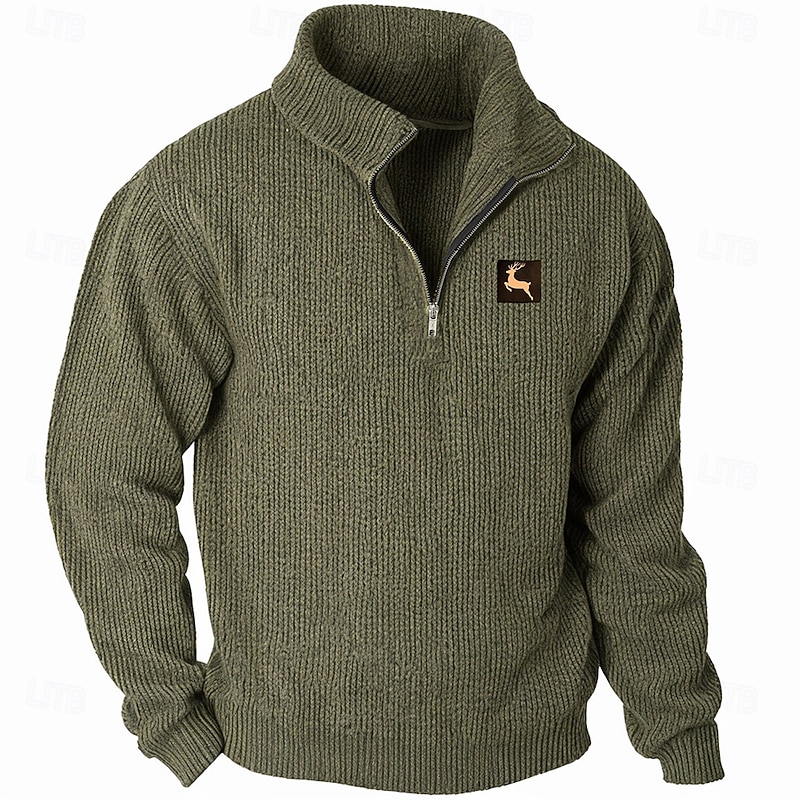 Men's Reindeer Deer Pullover Sweater Jumper Zip Sweater Polo Sweater Zip Collar Retro Vintage Casual Party Evening Wear Daily Embroidered Knitting Warm Long Sleeve Fall Winter Army Green Khaki2