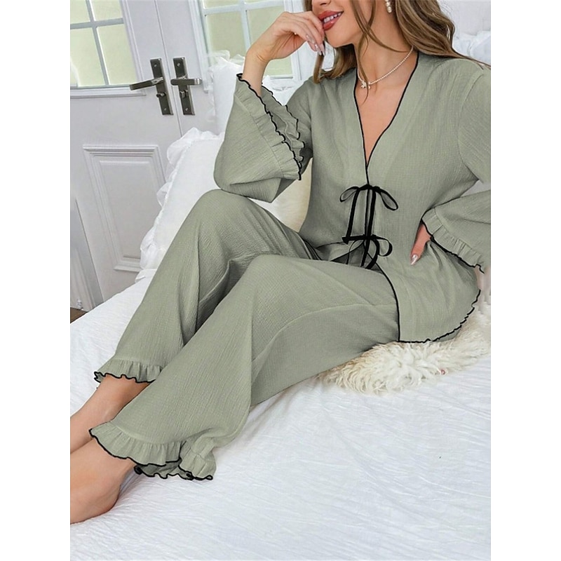 Women's Pajama Set Pure Color Casual Comfort Home Daily Comfort Warm V Neck Long Sleeve Shirt Pant Elastic Waist Fall Winter Home Outfits