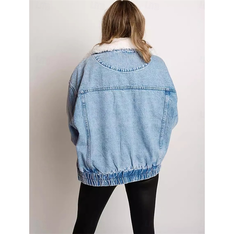 Women's Denim Jacket Outdoor Street Daily Wear Fall Winter Regular Coat Regular Fit Thermal Warm Breathable Stylish Casual Jacket Long Sleeve Solid Color with Pockets Fur Collar Blue4