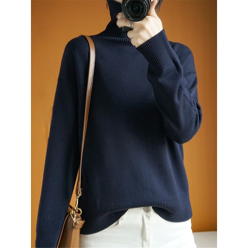 Women's Sweater Pullover Sweater Jumper Casual Soft Pure Color Ribbed Turtleneck Knitted Long Sleeve Regular Tops Knit Outdoor Daily Weekend Navy Blue Orange Fall Winter2