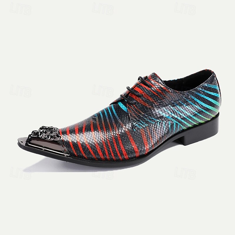 Men's Multicolor Snakeskin Leather Dress Shoes – Pointed Toe Lace-Up Shoes with Metal Tip for Formal and Fashion-Forward Occasions3