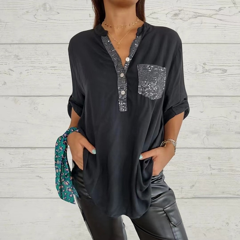Women's Shirt Sequin Sparkly Party Solid Color Long Sleeve V Neck Regular Tops Patchwork Rouge Black White Spring Fall