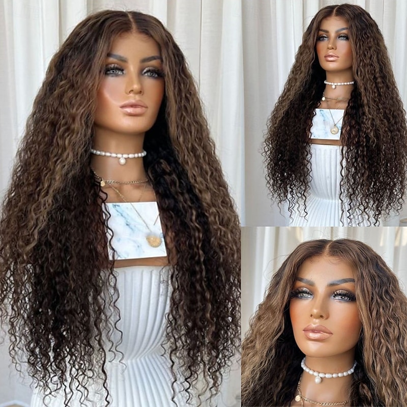 Human Hair 13x4 Lace Front Wig Middle Part Brazilian Hair Curly Auburn Multi-color Wig 130% 150% Density with Baby Hair Color Gradient Highlighted / Balayage Hair Glueless For Women Long Human Hair