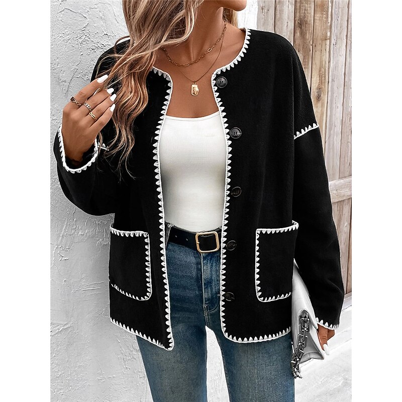 Women's Casual Jacket Outdoor Street Daily Wear Fall Winter Regular Coat Regular Fit Thermal Warm Breathable Stylish Casual Jacket Long Sleeve Solid Color with Pockets Black3