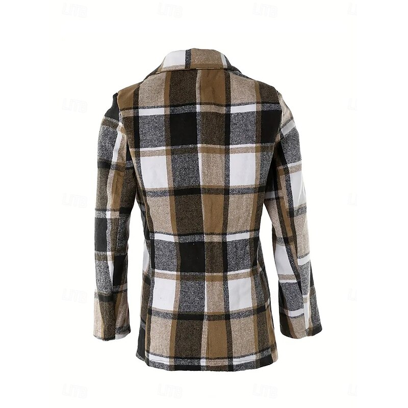 Women's Blazer Outdoor Adjustable Plaid Breathable Stylish Regular Fit Outerwear Long Sleeve Fall Coffee S3