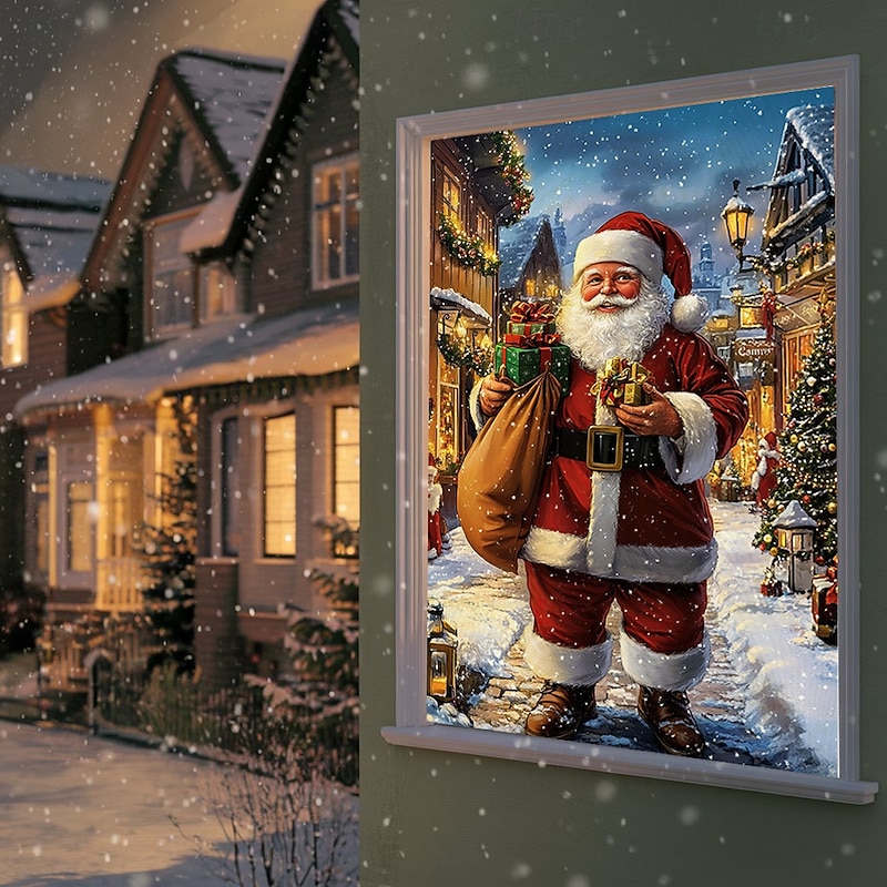 Christmas Window Cover Decorations, Fabric Santa Gift Festive Curtain Movie Poster Window Door Covering Decor for Farmhouse House, Happy Christmas Window Clings Decals Indoor Outdoor