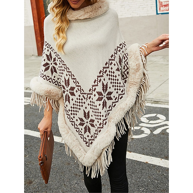 Women's Sweater Pullover Sweater Jumper Shrug Casual Soft Argyle Ribbed Turtleneck Tassel Knitted Faux Fur Trim 3/4 Length Sleeve Long Tops Knit Outdoor Daily Weekend Yellow Wine Fall Winter