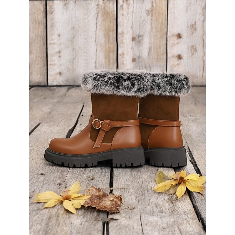 Women's Faux Fur Trim Winter Boots – Stylish and Warm Ankle Boots with Buckle Detail and Rugged Sole, Perfect for Outdoor Adventures in Cold Weather2