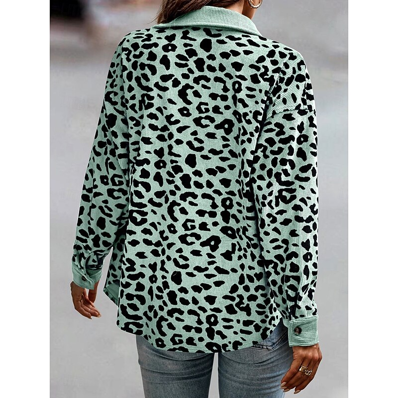 Women's Casual Jacket Outdoor Street Daily Wear Fall Winter Regular Coat Regular Fit Thermal Warm Breathable Stylish Casual Jacket Long Sleeve Leopard with Pockets Print Pink Blue Green2