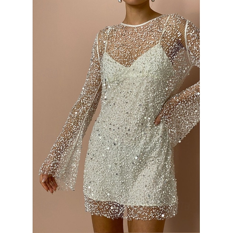 Women's Mini Dress Sequin Dress Vintage Dress Elegant Dress Elegant Retro Daily Evening Party Holiday Regular Fit Polka Dot Long Sleeve V Neck White Fall Winter4