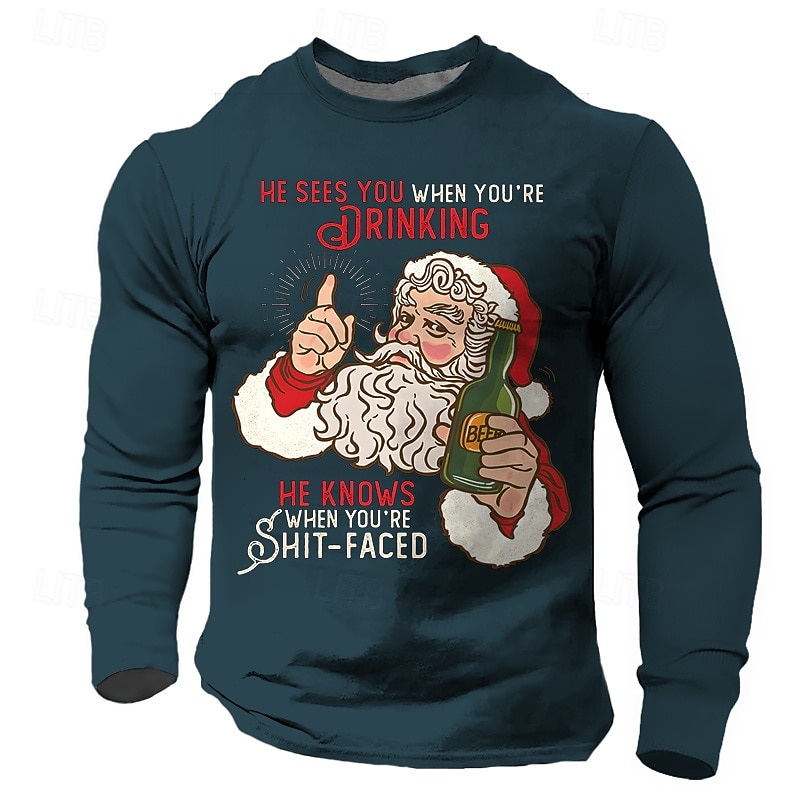 Christmas Men's Santa Claus T Shirt Long Sleeve T shirt 3D Print Crew Neck Shirt Daily Designer Festival Party Street Casual Black Burgundy Blue Summer Spring Fall Clothing Apparel S M L XL XXL XXXL