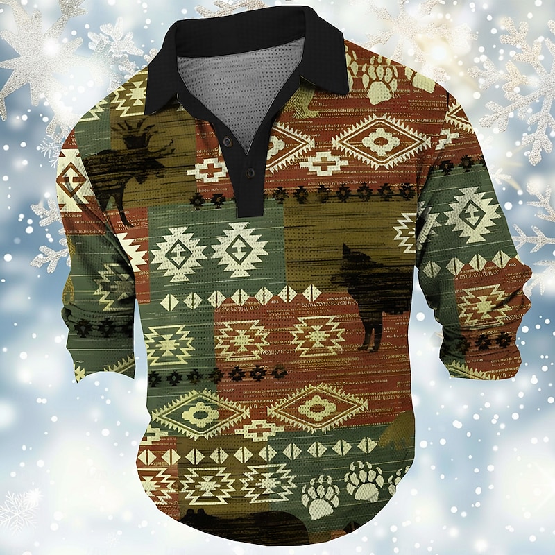 Men's Tribal Waffle Polo Shirts Golf Shirt Long Sleeve Polo Shirts Collared Shirts Vintage Casual Vacation Wear Party Outfits Buttons 3D Print Spring Fall Winter Black Red Blue2