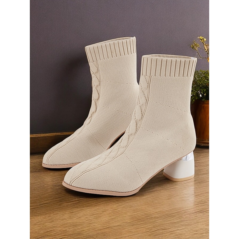 Women's Beige Sock Ankle Boots with Metallic Block Heels – Stretch Knit Fabric and Modern Design for Casual and Stylish Looks