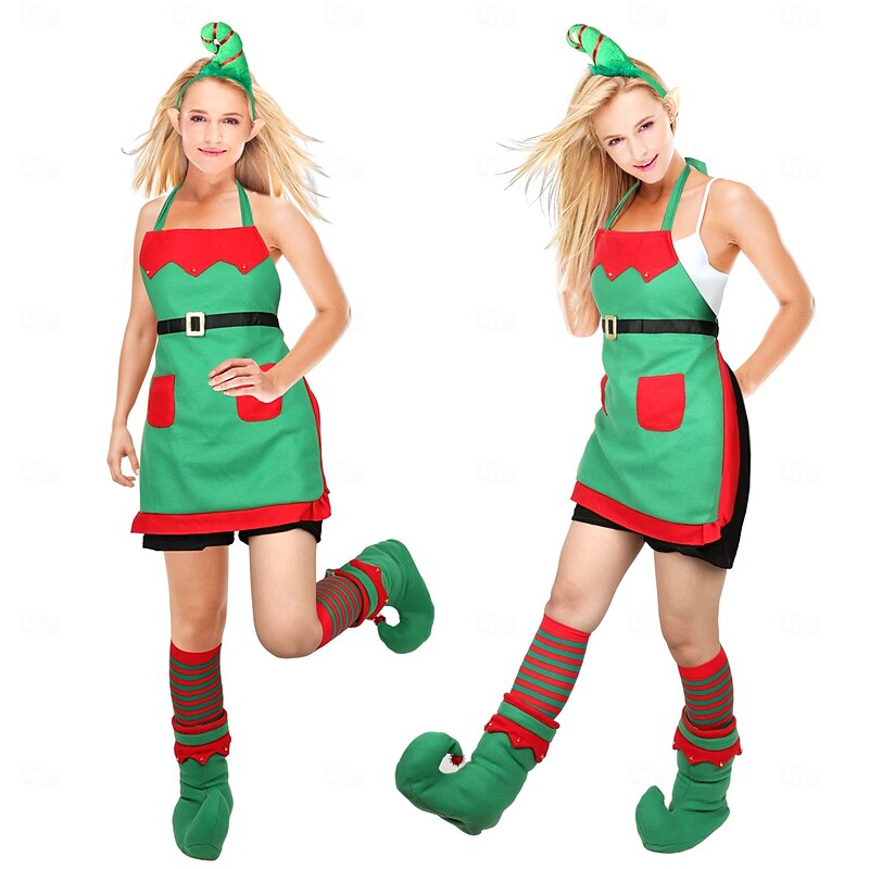 Elf Outfits Apron Christmas Costume Women's Cosplay Costume Adults Christmas New Year Christmas Eve Christmas Party 1 Pair of Earrings Headpiece Apron Shoes2
