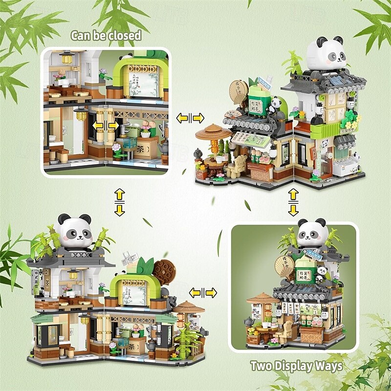 Street View Tea Shop Mini Building Blocks MOC Creative Building Toys Cute Panda Animals Building Set for Girls 6-12 Simulation Architecture Construction Toy Gift Idea for Kids Adults (860PCS)3