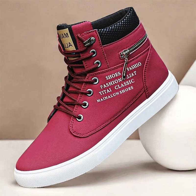 Men's Red High-Top Sneakers – Lace-Up Casual Ankle Boots with Zipper Detail and Stylish Print