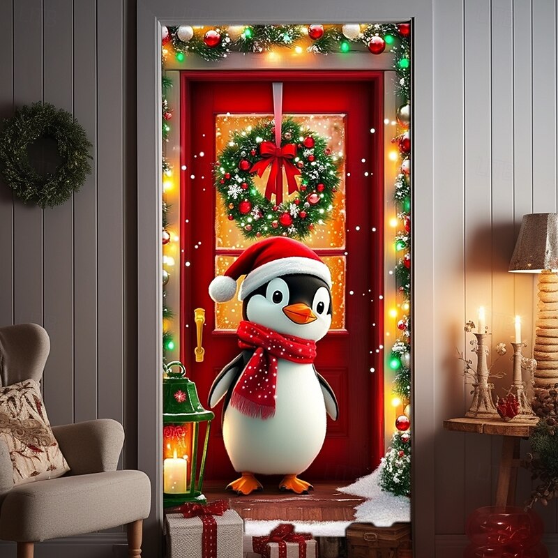Christmas Door Decorations Door Covers Xmas Garland Ornaments Door Tapestry Door Curtain Decoration Backdrop Indoor/Outdoor Door Banner for Frot Door Farmhouse Animal Penguin4
