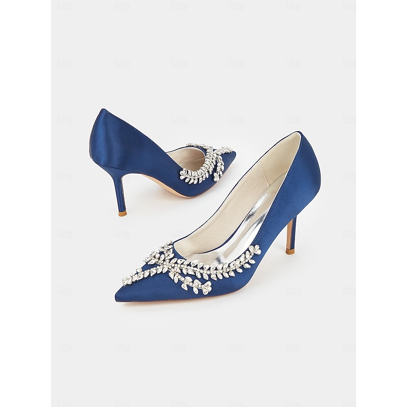 Women's Rhinestone-Embellished Satin Stiletto Heels – Elegant Pointed Toe Pumps for Evening Parties and Formal Events 7