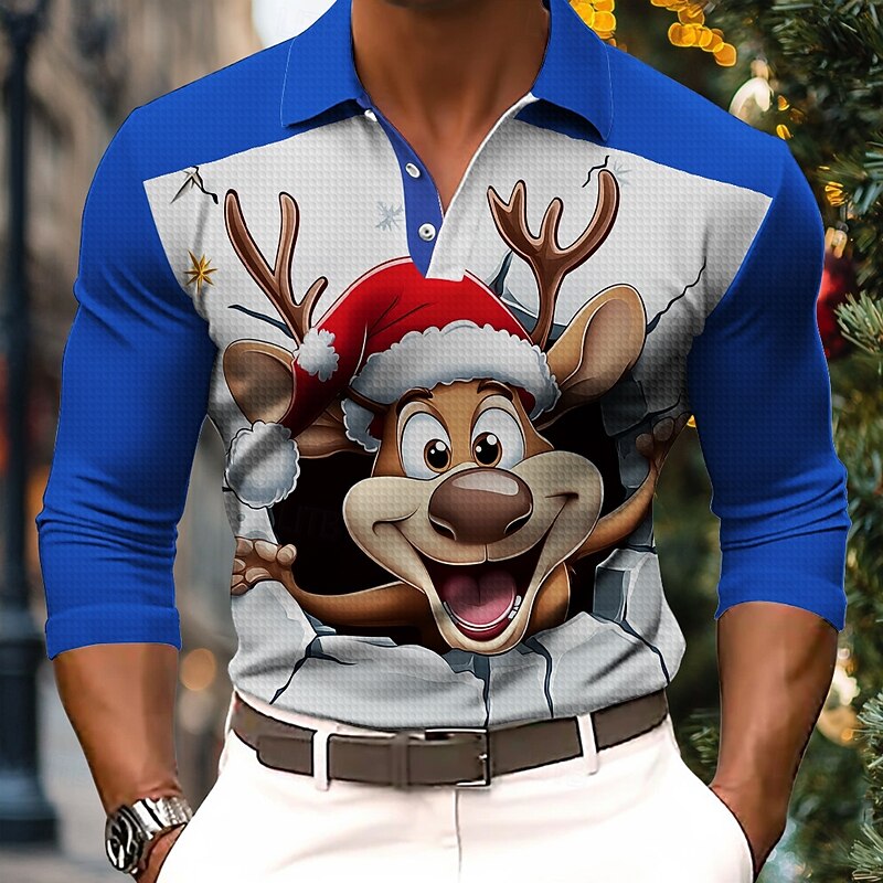 Christmas Men's Christmas animal 3D Polo Rudolph Hat Casual Funny Waffle Long Sleeve Party Evening Dailywear Vacation Spring Fall Winter Button 3D Print Collar Red Micro-elastic Polyester4