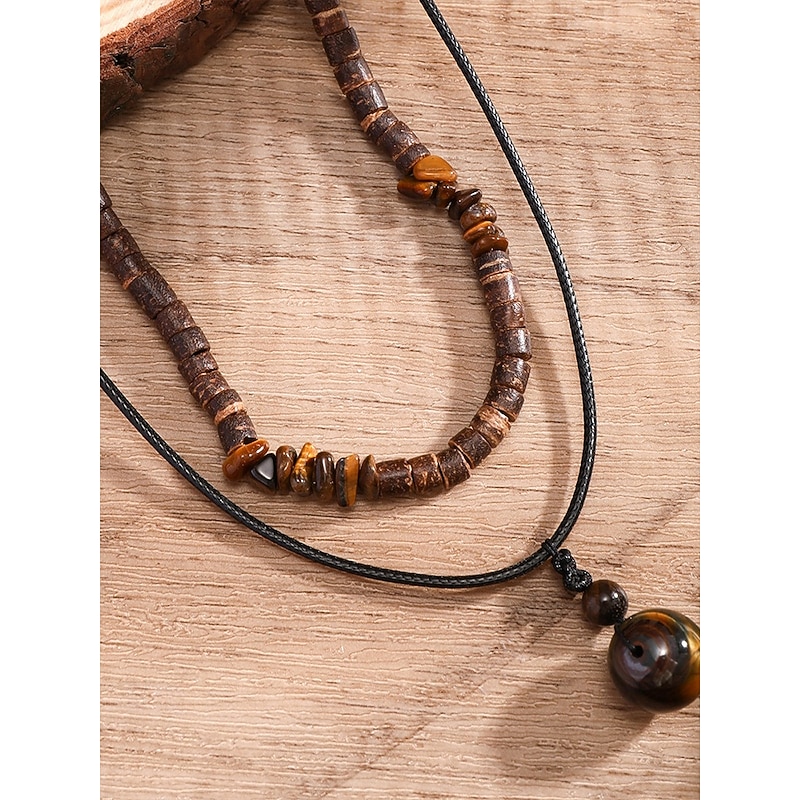 Men's Boho Layered Necklace with Wooden Beads and Pendant – Tribal-Inspired Double-Strand Necklace for Casual and Beachwear Style4