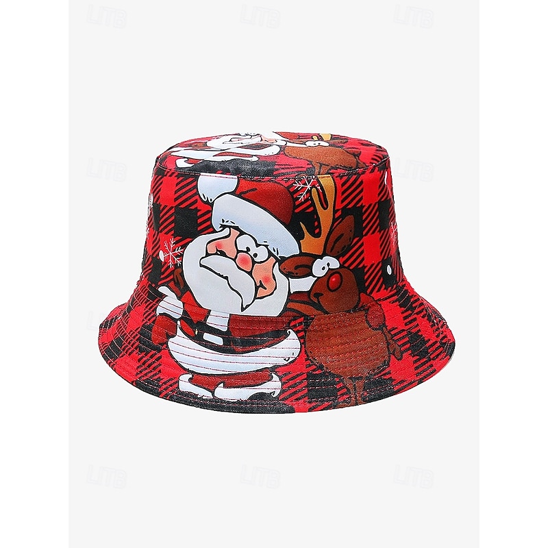 Reversible Christmas Bucket Hat - Santa and Reindeer Design, Red Plaid Holiday Theme, Unisex Festive Hat for Winter and Holiday Parties