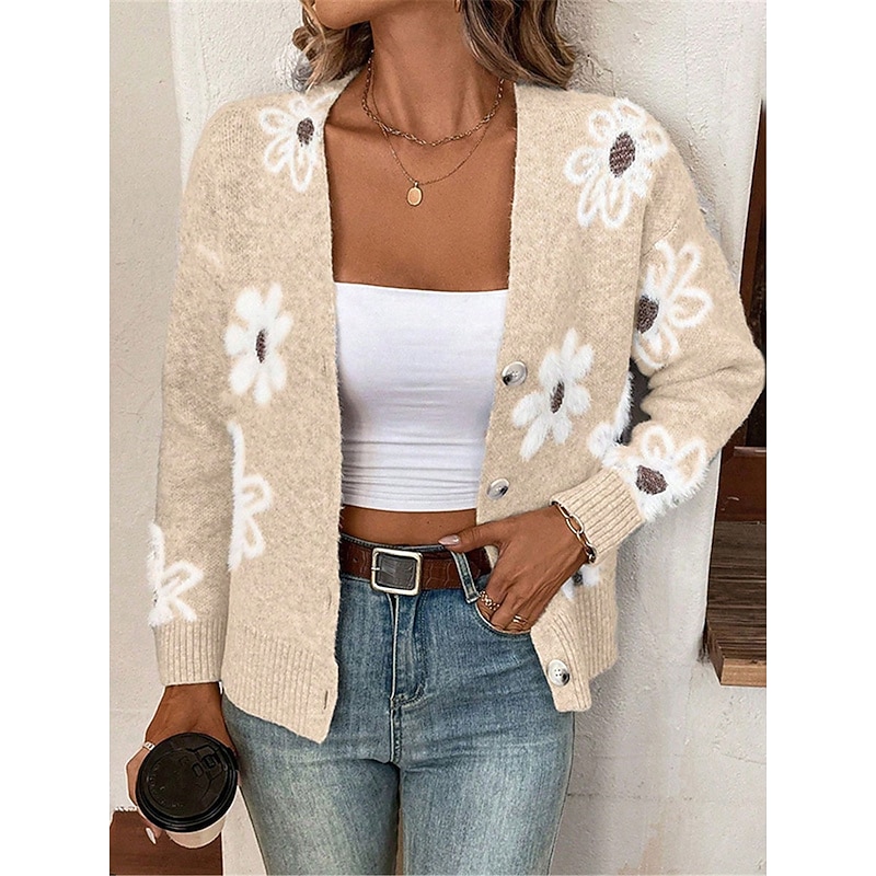 Women's Sweater Cardigan Casual Soft Floral Ribbed V Neck Buttons Knitted Long Sleeve Regular Tops Knit Outdoor Daily Weekend Black Light Grey Fall Winter 8