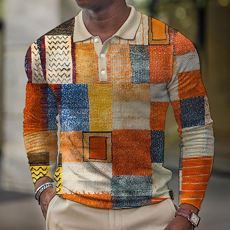 Men's Plaid Waffle Polo Shirts Golf Shirt Long Sleeve Polo Shirts Collared Shirts Vintage Casual Vacation Wear Formal Wear Festival Wear Buttons 3D Print Spring Fall Winter Orange