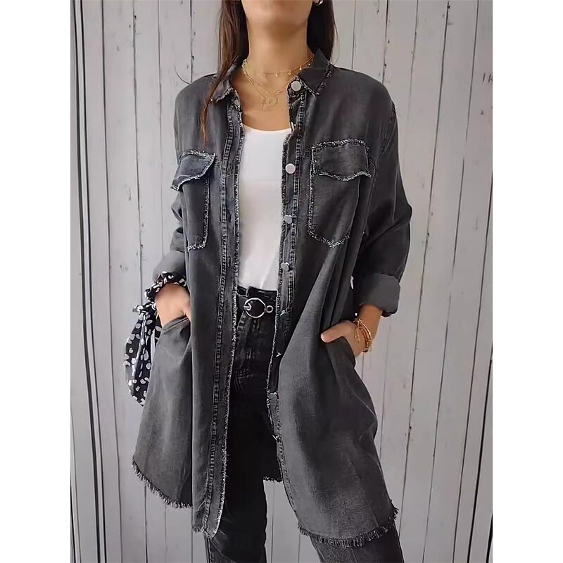 Women's Denim Jacket Outdoor Street Daily Wear Fall Winter Long Coat Regular Fit Thermal Warm Breathable Stylish Casual Jacket Long Sleeve Solid Color with Pockets Light Blue Navy Blue Dark Gray4