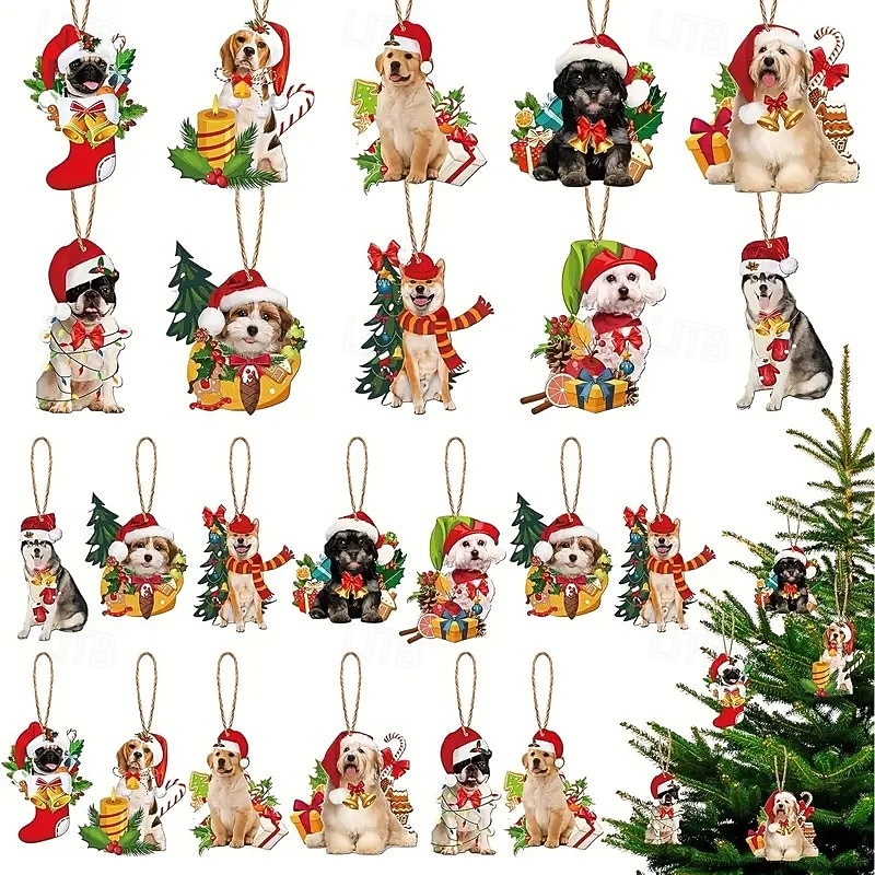 20pcs Christmas Wooden Ornaments, Xmas Tree Pendant Decoration, Fun Dog-Themed Holiday Decor, Unique Couple's Gift, Perfect for Festive Party Hanging Decorations