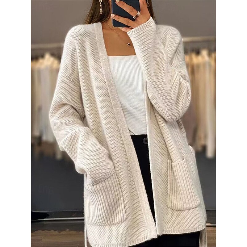 Women's Sweater Cardigan Sweater Jacket V Neck Knit Lace up Pocket Knitted Drop Shoulder Spring Fall Home Daily Weekend Daily Casual Soft Long Sleeve Pure Color Camel Beige2