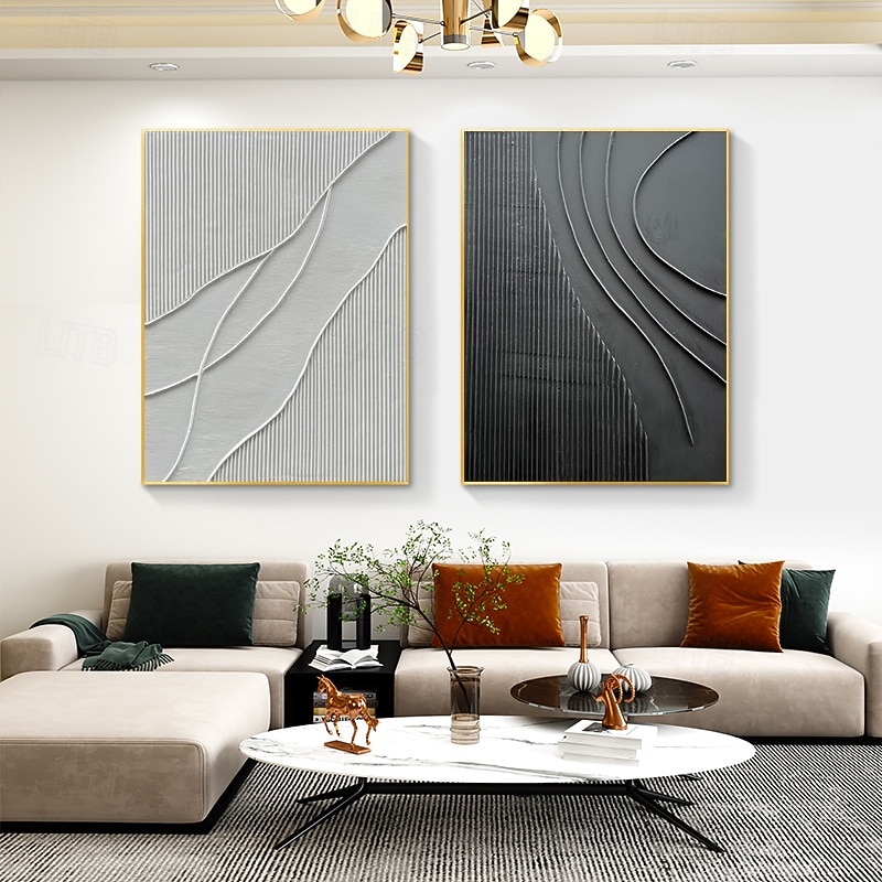 Black White Modern Minimalist Wall Art Modern Minimalist Art Black 3D Texture Painting Abstract Painting Home Wall Decor Stretched Frame Ready to Hang2