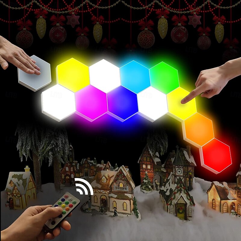 LED Smart Light Hexagonal LED Remote Control Wall Light, Modular Touch Color DIY Lighting for Bedroom, Bathroom, Living Room, Parties and Holidays 6-10 Piece Set3