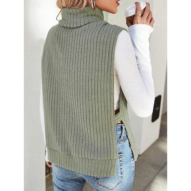 Women's Sweater Vest Casual Soft Solid Color Ribbed Turtleneck Split Knitted Sleeveless Regular Tops Knit Outdoor Daily Weekend Light Green Khaki Fall Winter2