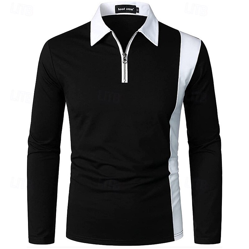 Men's Quarter Zip Polo Golf Shirt Daily Holiday Quarter Zip Long Sleeve Fashion Modern Color Block Patchwork Spring &  Fall Regular Fit Black White Wine Navy Blue Blue Light Grey Quarter Zip Polo2
