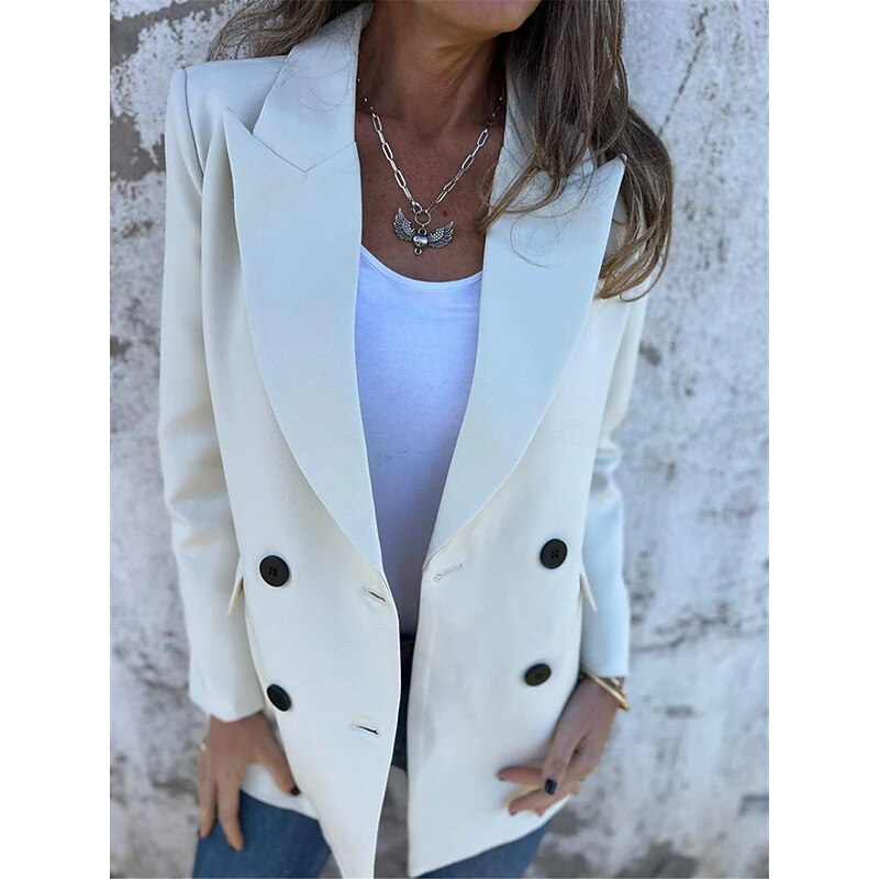 Women's Blazer Work Button Solid Color Breathable OL Style Regular Fit Outerwear Long Sleeve Fall White S3