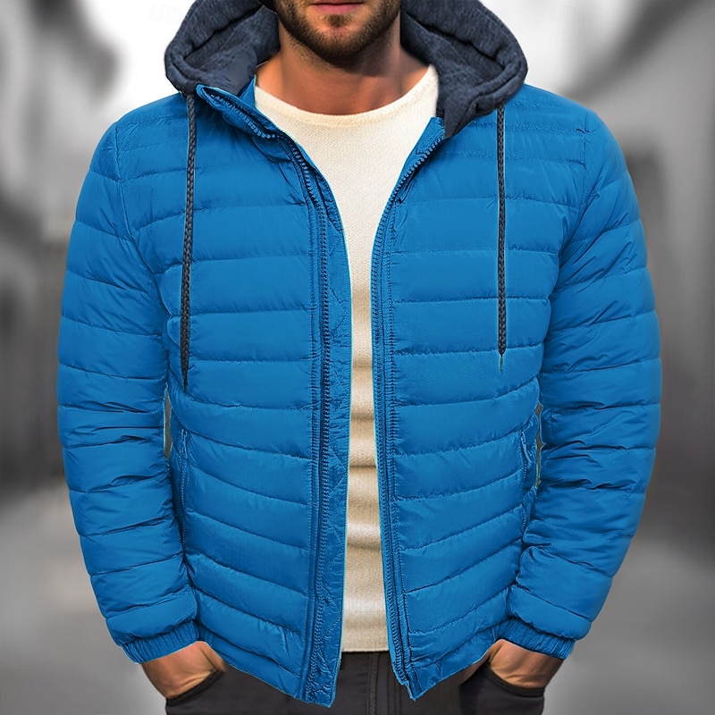 Men's Winter Coat Puffer Jacket Quilted Jacket Transition Jacket Pocket Hooded Office & Career Date Casual Daily Warm Winter Color Block Black Red Navy Blue Blue Puffer Jacket
