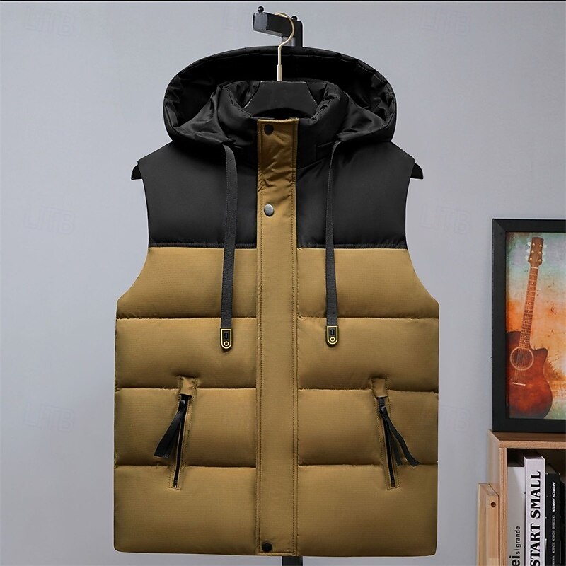 Men's Puffer Vest Hoodie Vest Padded Gilet Quilted Vest Daily Date Vacation Fashion Casual Fall & Winter Pocket Detachable Hood Polyester Warm Comfortable Color Block Hidden Hooded Regular Fit Black4