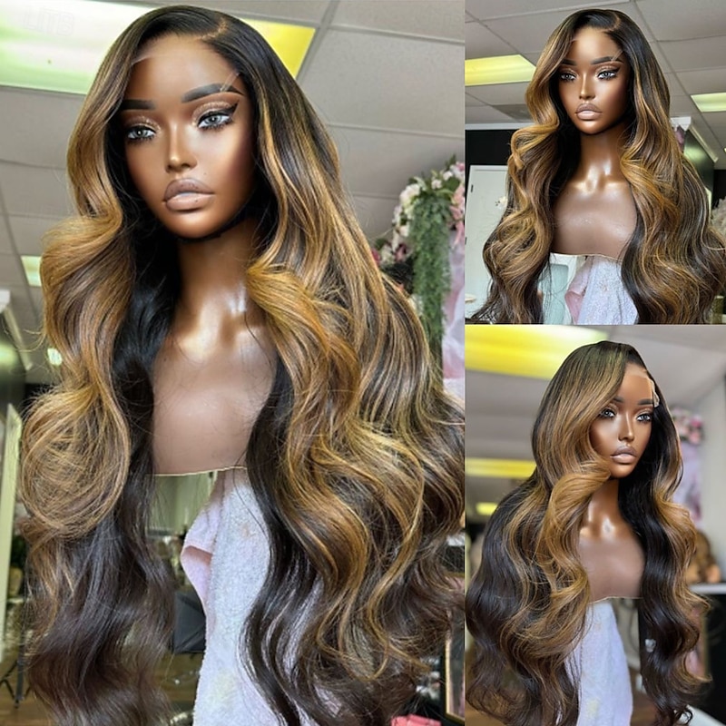 Remy Human Hair 13x4 Lace Front Wig Side Part Brazilian Hair Body Wave Multi-color Wig 130% 150% Density Ombre Hair Highlighted / Balayage Hair Glueless With Bleached Knots For Women Long Human Hair2
