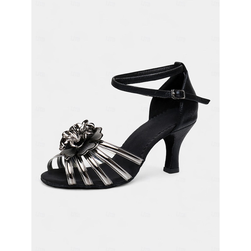 Women's Silver Strappy Dance Shoes with Floral Detail and Suede Sole – Comfortable Heels for Latin Ballroom and Party Events3