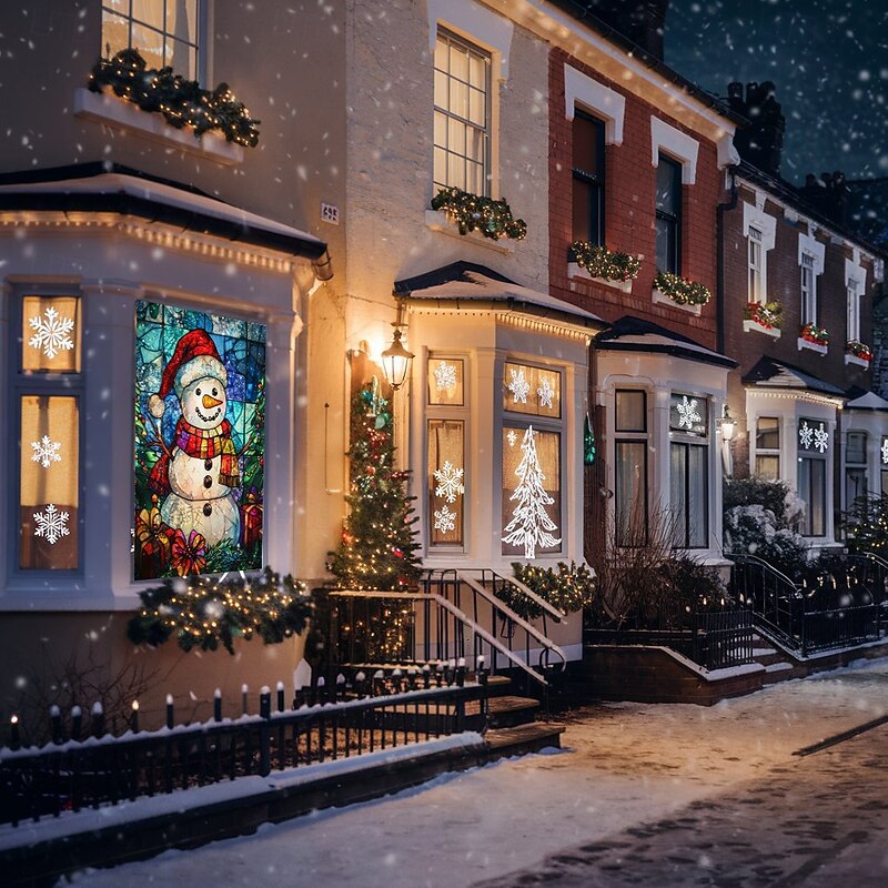 Christmas Window Cover Decorations, Fabric Stained Glass Snowman Curtain Movie Poster Window Door Covering Decor for Christmas House, Window Clings Decals Indoor Outdoor3