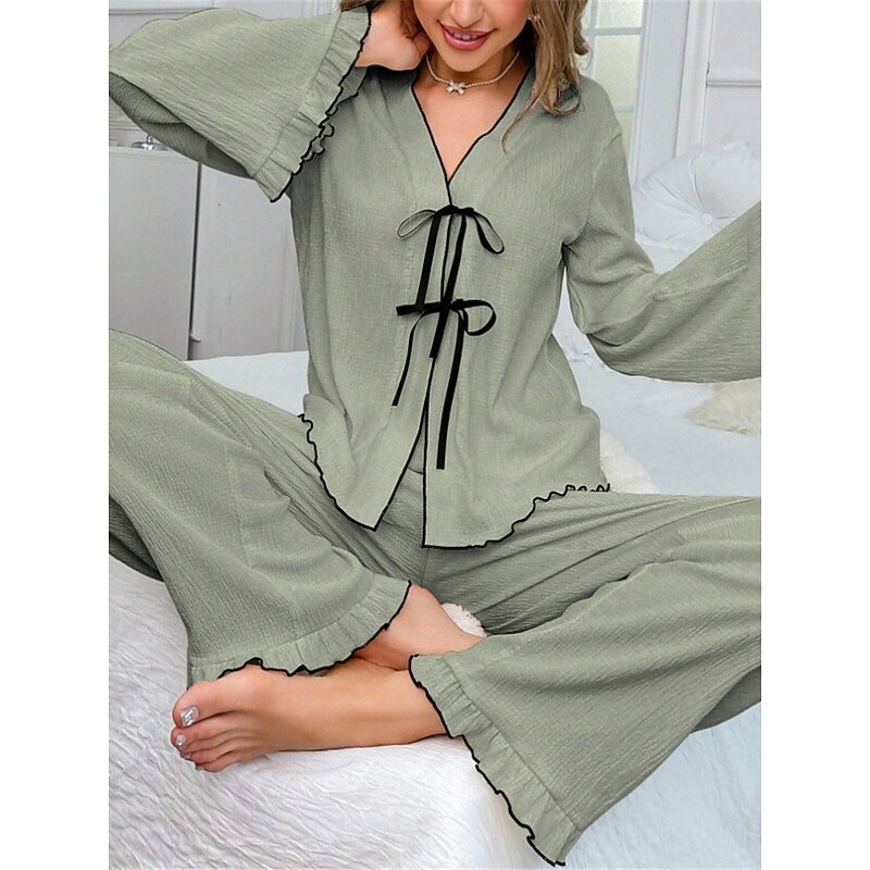 Women's Pajama Set Pure Color Casual Comfort Home Daily Comfort Warm V Neck Long Sleeve Shirt Pant Elastic Waist Fall Winter Home Outfits3