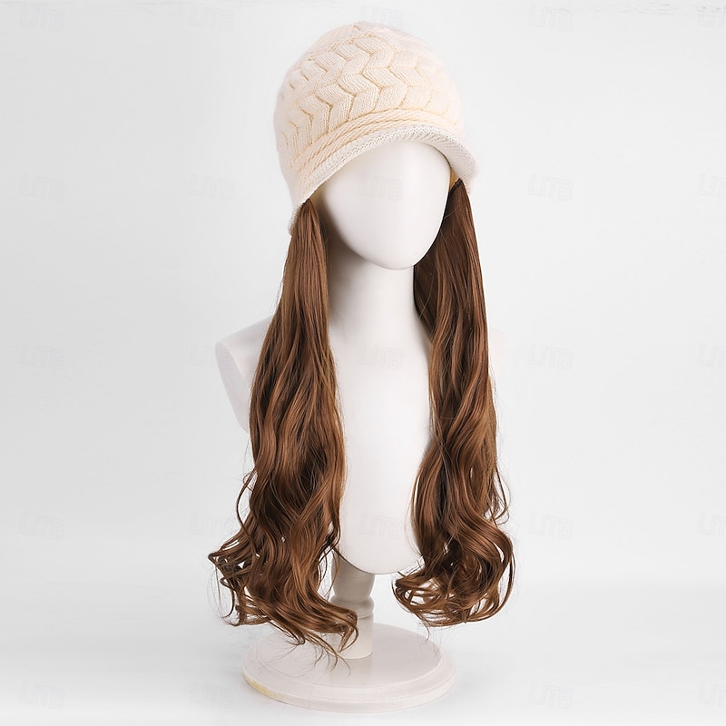 Women's High Temperature Fiber Knitted Hat with Curly Wave Wig - Closed Net Cap, Basic Style, Suitable for All People