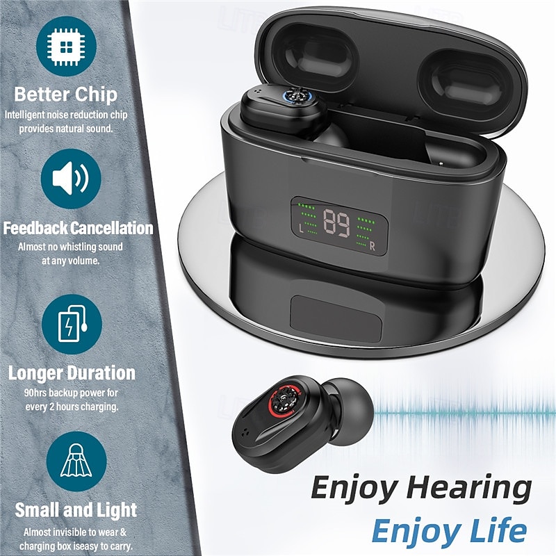 Hearing Aid With Led Charging Case Invisible Hearing Amplifiers Charging Hearing Aid Hearing Devices Hearing Loss Ompensation