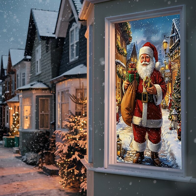 Christmas Window Cover Decorations, Fabric Santa Gift Festive Curtain Movie Poster Window Door Covering Decor for Farmhouse House, Happy Christmas Window Clings Decals Indoor Outdoor4