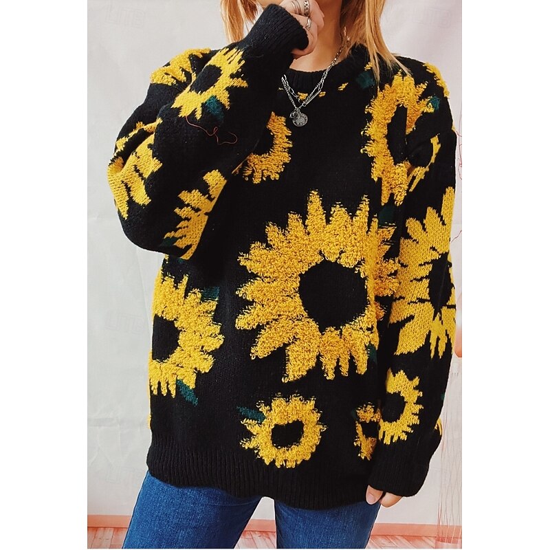 Women's Sweater Pullover Sweater Jumper Casual Soft Floral Ribbed Crew Neck Knitted Long Sleeve Regular Tops Knit Outdoor Daily Weekend Black Blue Fall Winter4