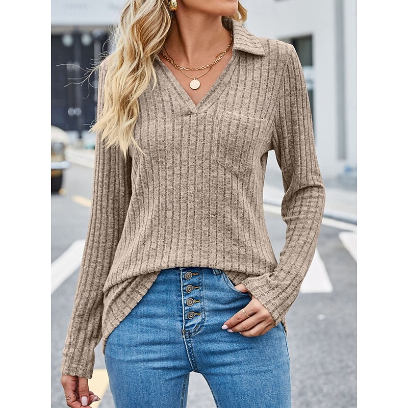 Women's Polo T Shirt Plain Fashion Modern Casual Long Sleeve V Neck Regular Tops Daily Weekend Wine Royal Blue Khaki Fall Winter3
