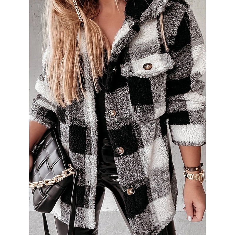 Women's Fleece Jacket Teddy Coat Warm Breathable Pocket Fleece Lined Casual Plain Vacation Street Daily Wear Going out Single Breasted Regular Turndown Regular Fit Long Sleeve Outerwear Black Khaki